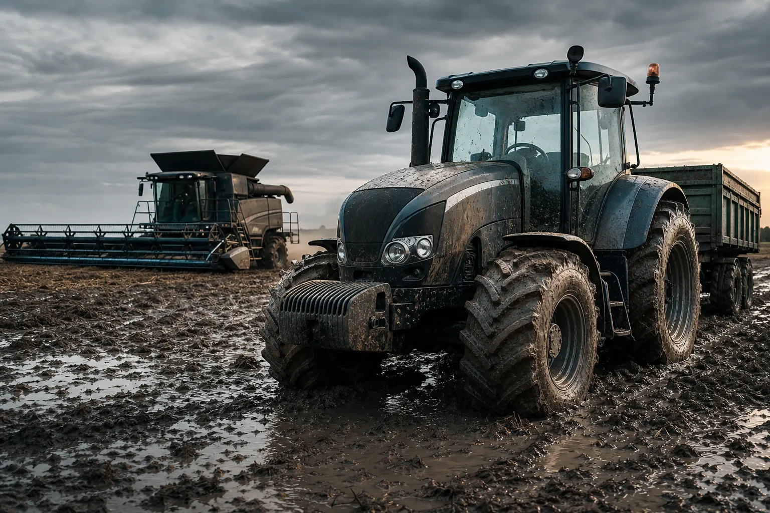 Tractors and harvesters operating in muddy field conditions