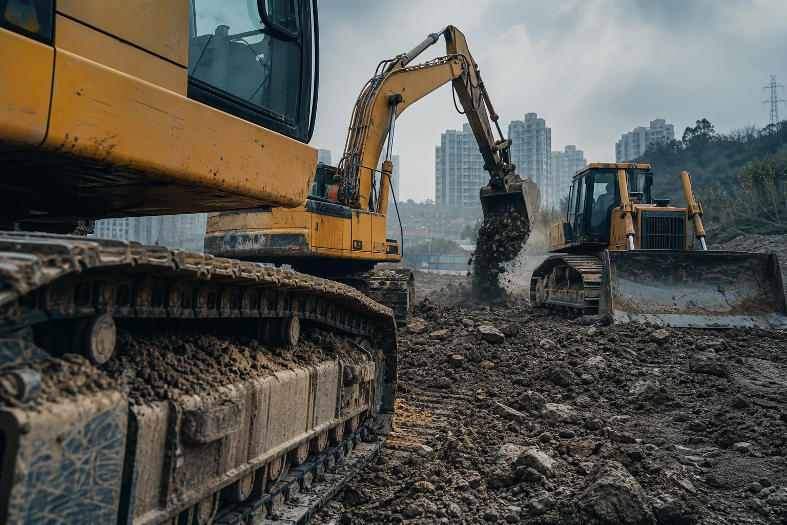 Construction machinery excavators and track systems on muddy jobsites