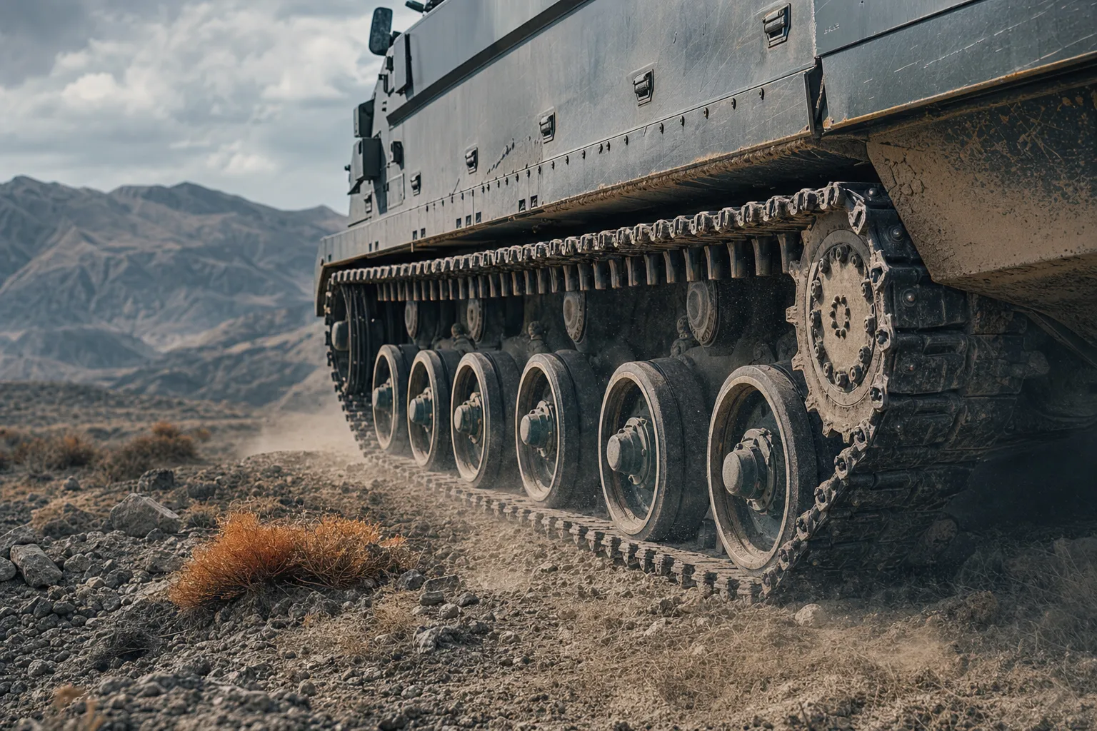 Military tracked vehicles on harsh terrain